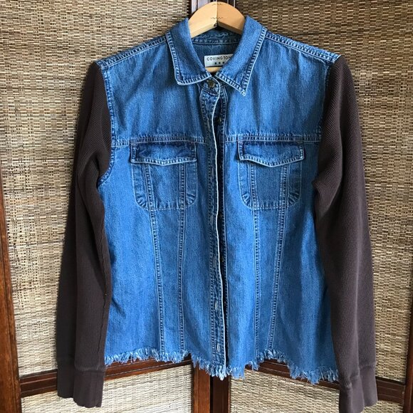 Upcycled Jean Shirt, Size M: Painted Wild Free Moon Graphic, Patchwork Jacket - Picture 10 of 13